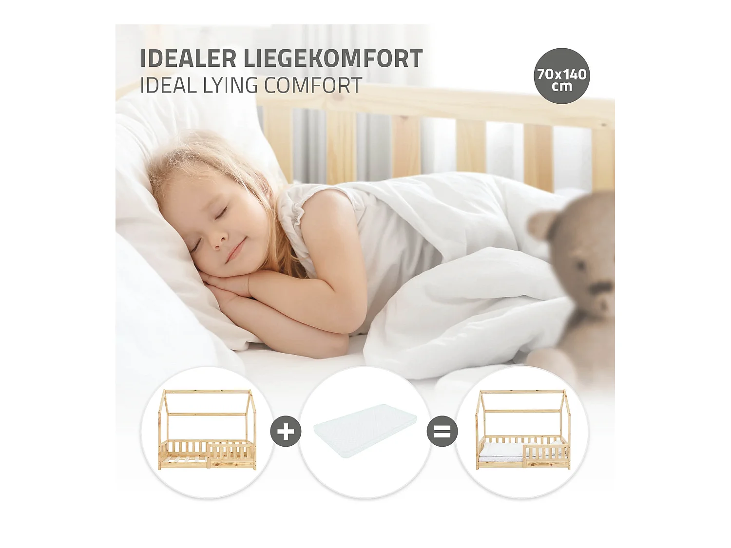 Cama infantil con reja protectora estructura madera pino natural cuna 140x70cm