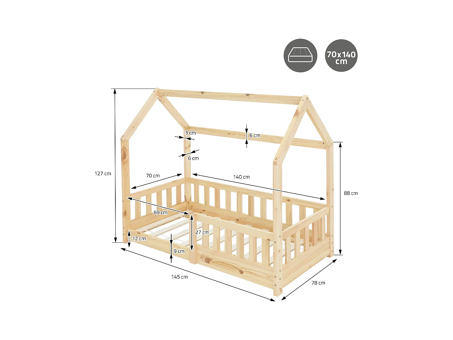 Cama infantil con reja protectora estructura madera pino natural cuna 140x70cm