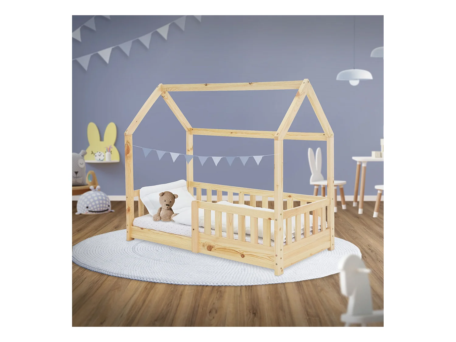 Cama infantil con reja protectora estructura madera pino natural cuna 140x70cm