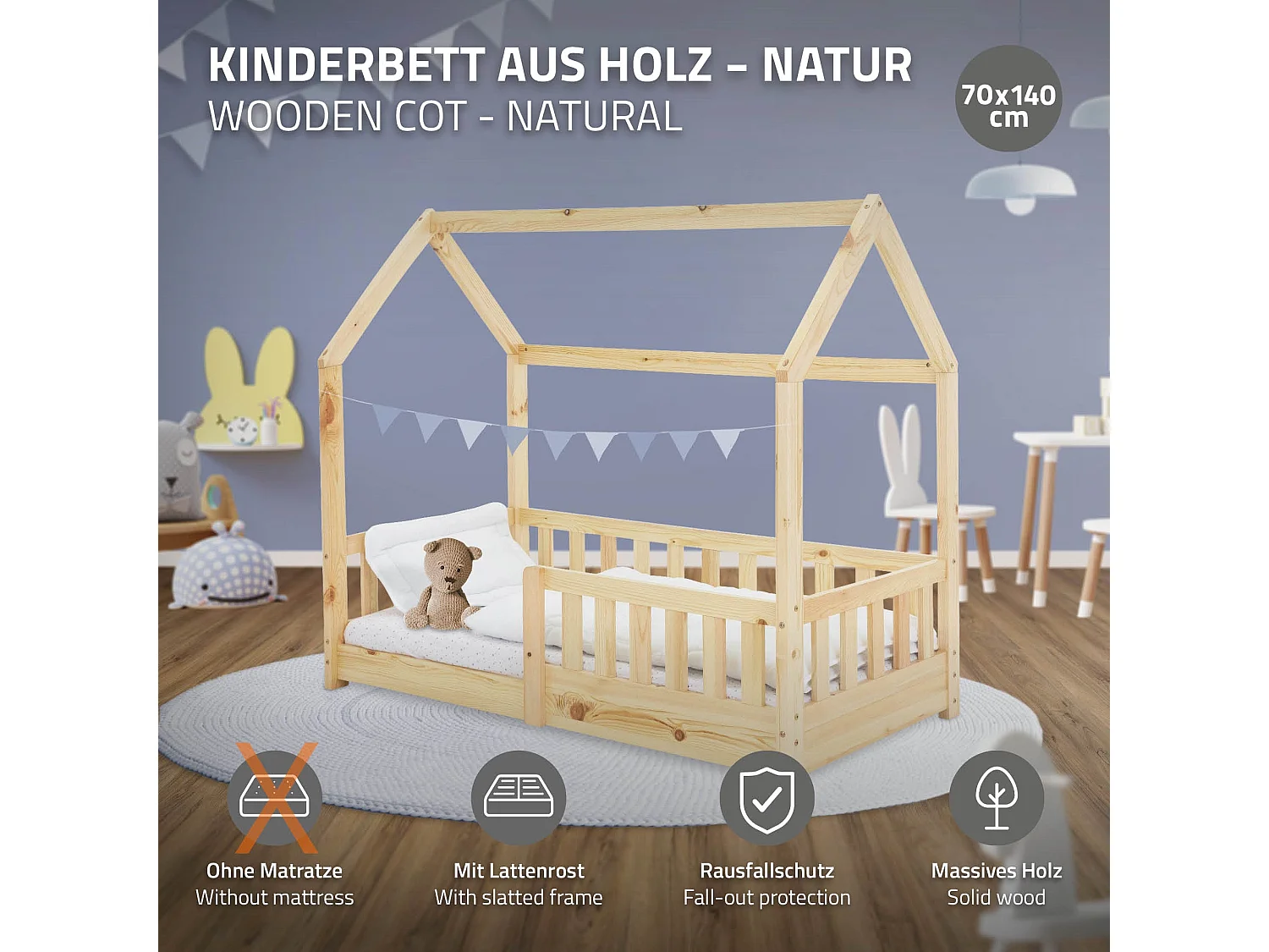Cama infantil con reja protectora estructura madera pino natural cuna 140x70cm