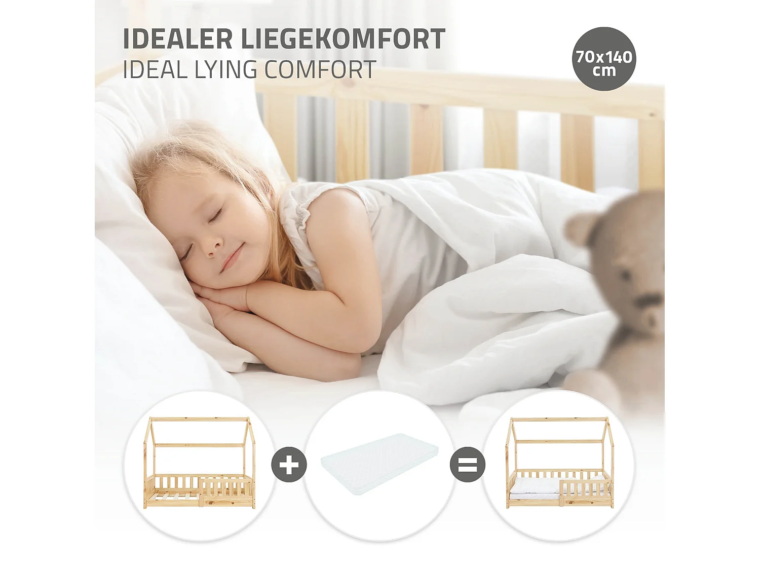 Cama infantil con reja protectora estructura madera pino natural cuna 140x70cm