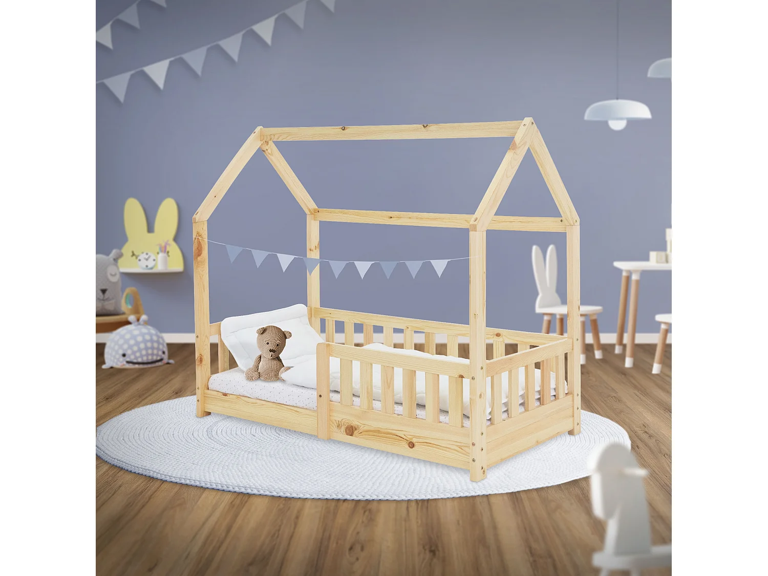 Cama infantil con reja protectora estructura madera pino natural cuna 140x70cm