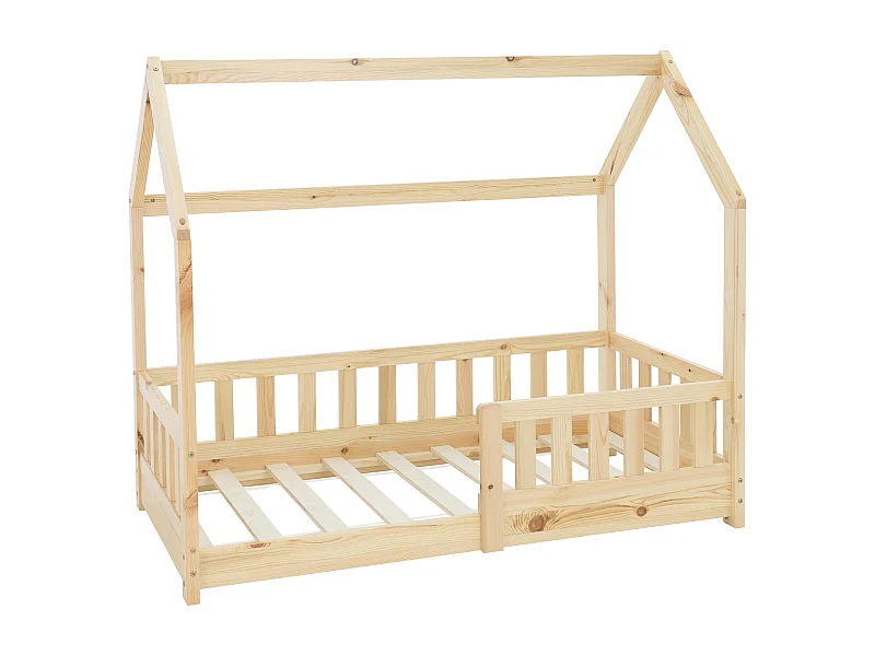 Lettino casa per bambini protezione anticaduta legno di pino naturale 140x70 cm
