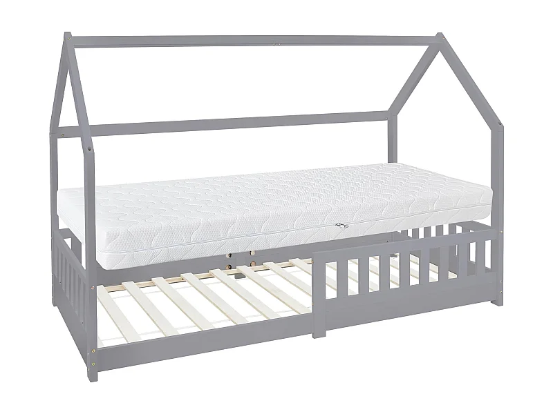Lettino per bambini letto casa griio con sponde 90x200cm  materasso legno tenda