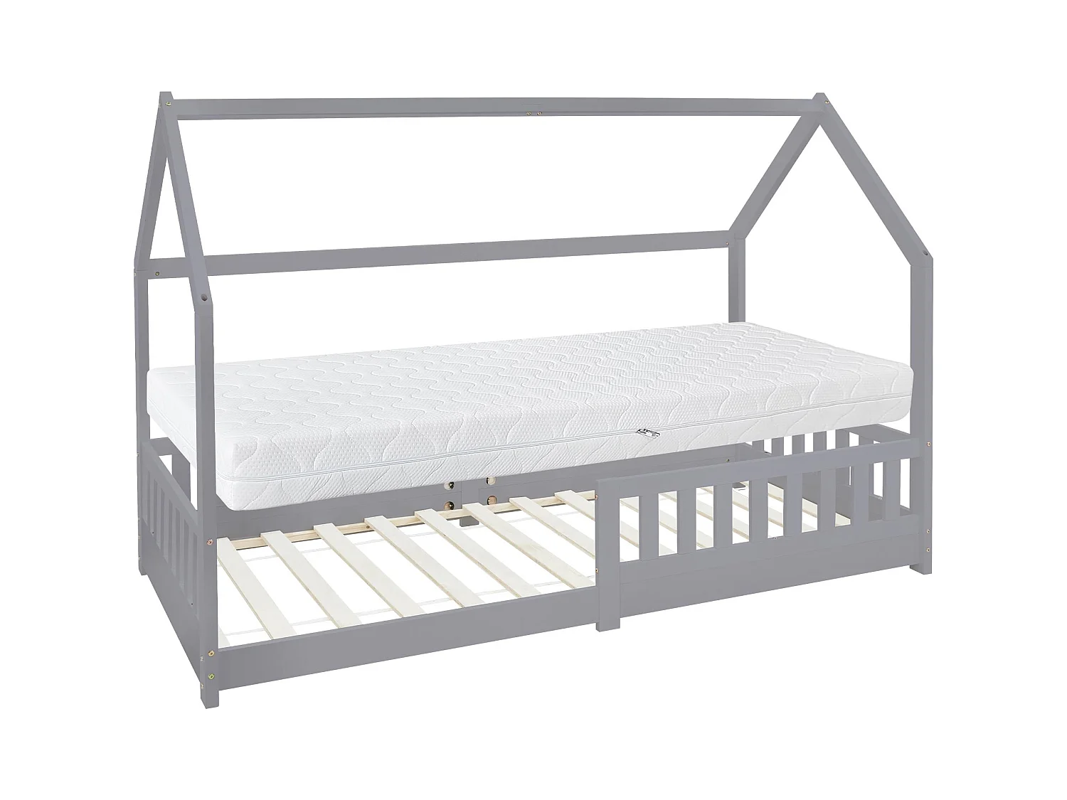 Lit d'enfants 90x200 cm gris clair style maison en bois de pin massif avec matelas H:16cm housse amovible sommier protection anti-chute filles garçons