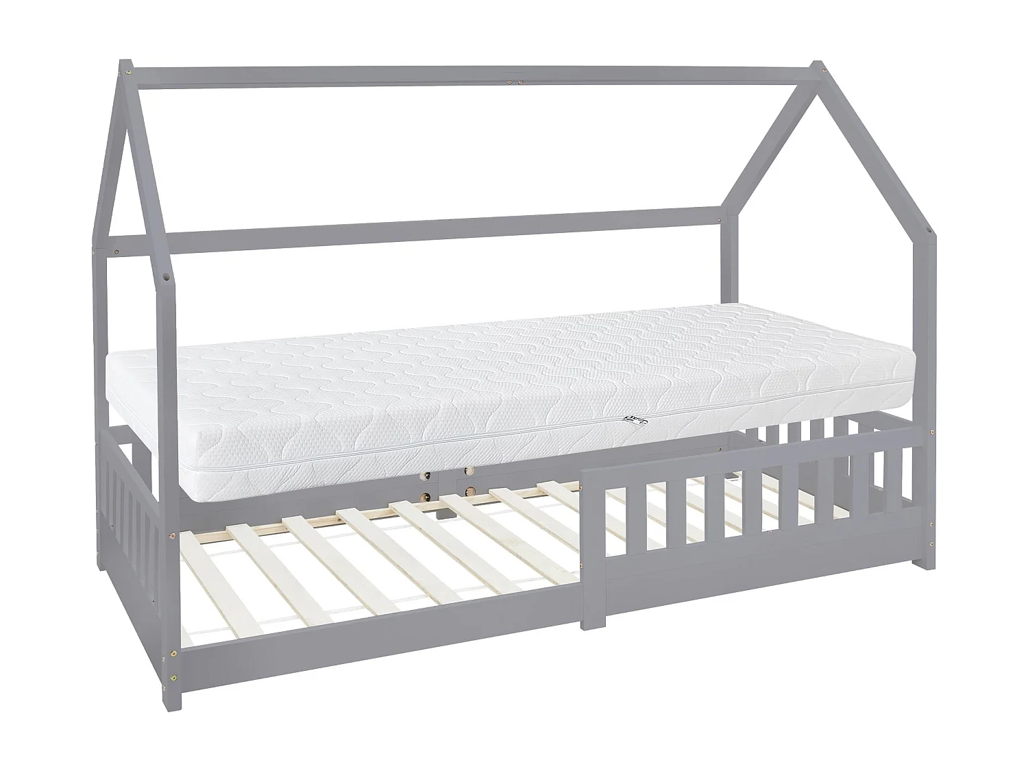 Lettino per bambini letto casa griio con sponde 90x200cm  materasso legno tenda