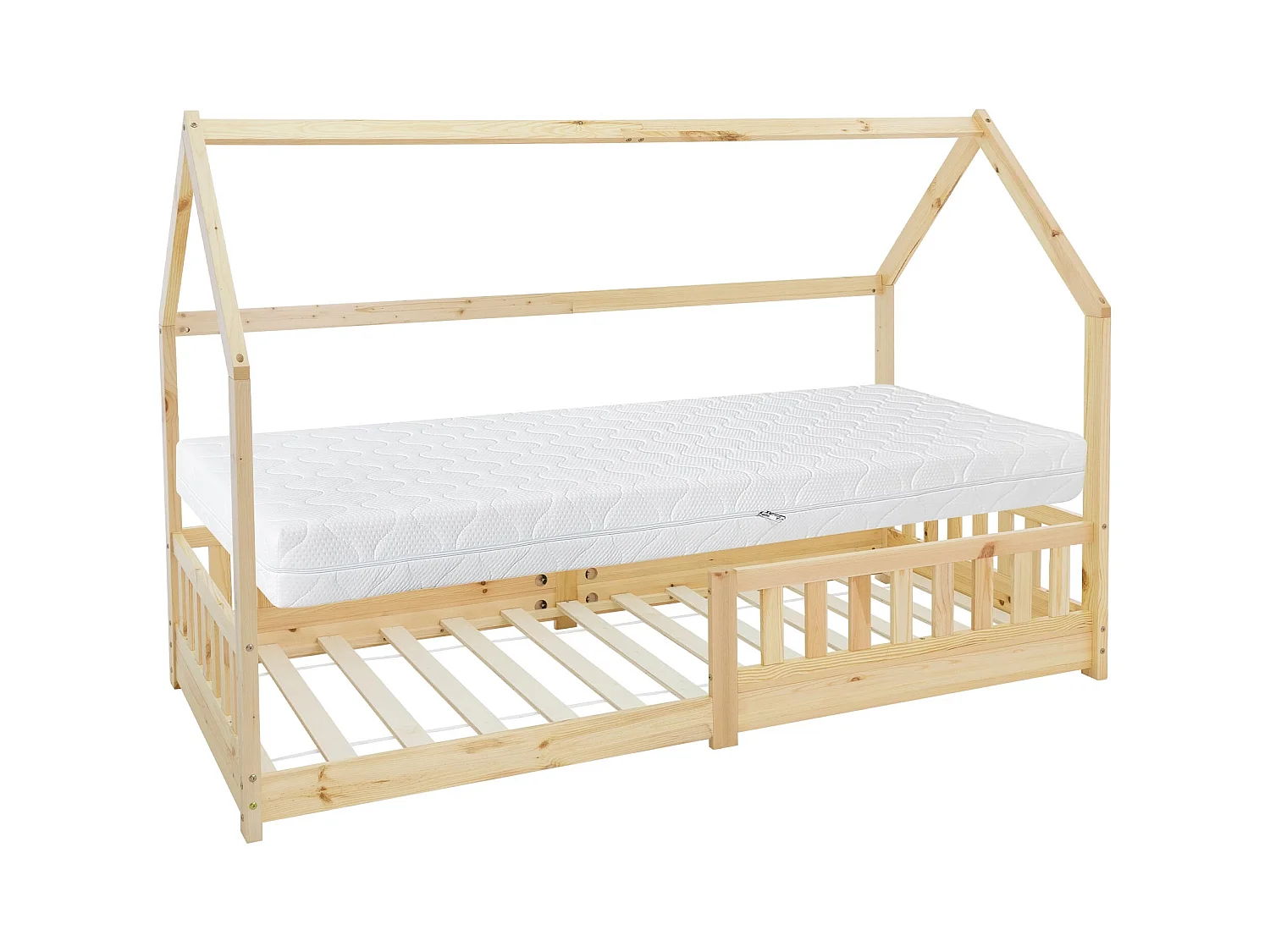 Lit d'enfants 90x200 cm naturel style maison bois de pin massif avec matelas H:16 cm housse amovible sommier protection anti-chute pour filles garçons