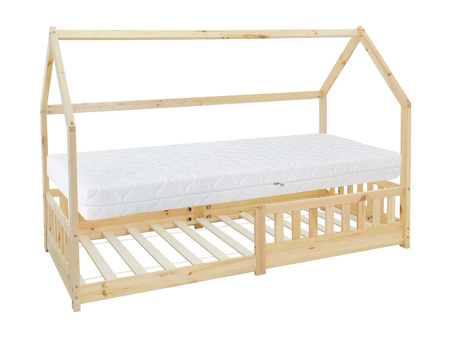 Lit d'enfants 90x200 cm naturel style maison bois de pin massif avec matelas H:16 cm housse amovible sommier protection anti-chute pour filles garçons