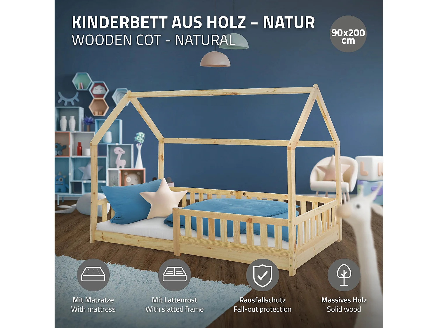 Lit d'enfants 90x200 cm naturel style maison bois de pin massif avec matelas H:16 cm housse amovible sommier protection anti-chute pour filles garçons