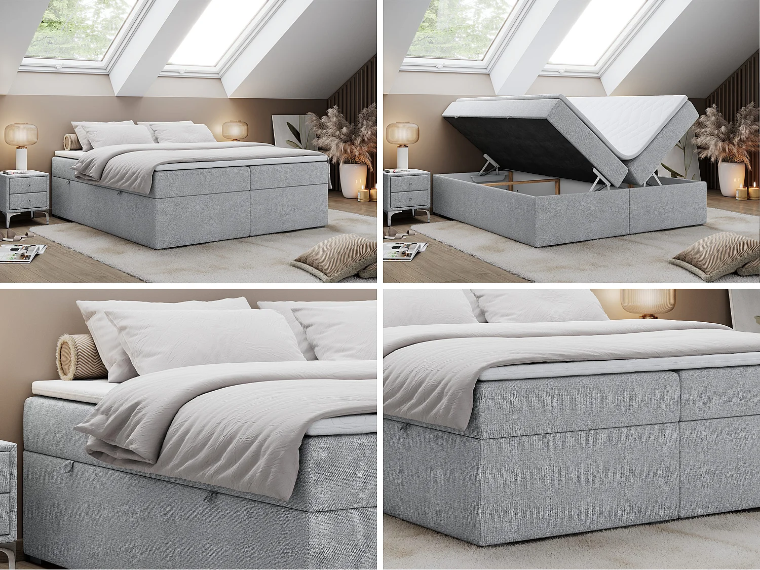 Boxspringbed met hoofdbord H3 + Topper T25 - Lichtgrijs Structuurstof - 120x200 - BESS
