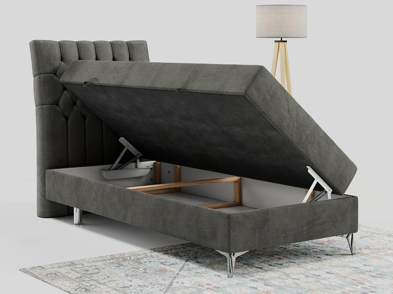 Boxspringbett MILEN - Polsterbett auf Metallbeine, Set mit Multipocket-Matratze, Gesteppte Kopfstütze - 90x200 cm - H4 - Dunkelgrau Velvet - Links Seite