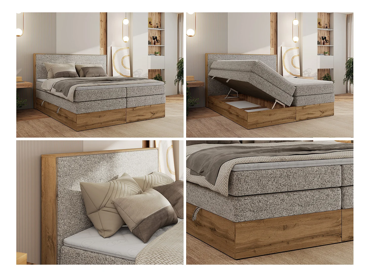 Boxspringbett WOOD CLASSIC KING - Polsterbett mit hohe Kopfteil, zwei Multipocket-Matratze, Bettkästen - 180x200 cm - H3 - Beige Strukture