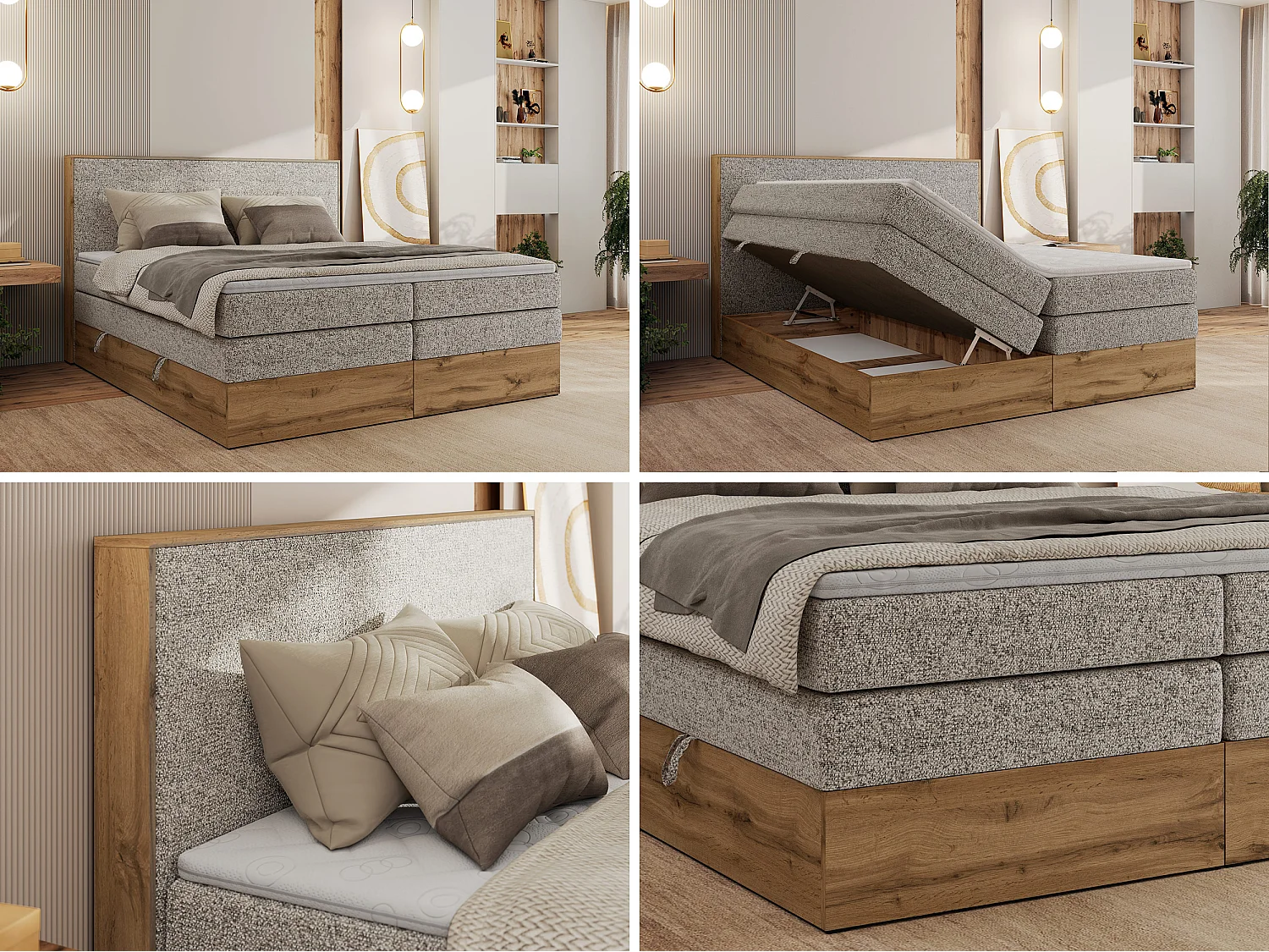 Boxspringbett WOOD CLASSIC KING - Polsterbett mit hohe Kopfteil, zwei Multipocket-Matratze, Bettkästen - 180x200 cm - H3 - Beige Strukture