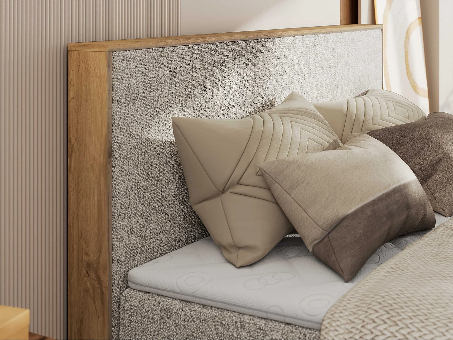 Boxspringbett WOOD CLASSIC KING - Polsterbett mit hohe Kopfteil, zwei Multipocket-Matratze, Bettkästen - 180x200 cm - H3 - Beige Strukture