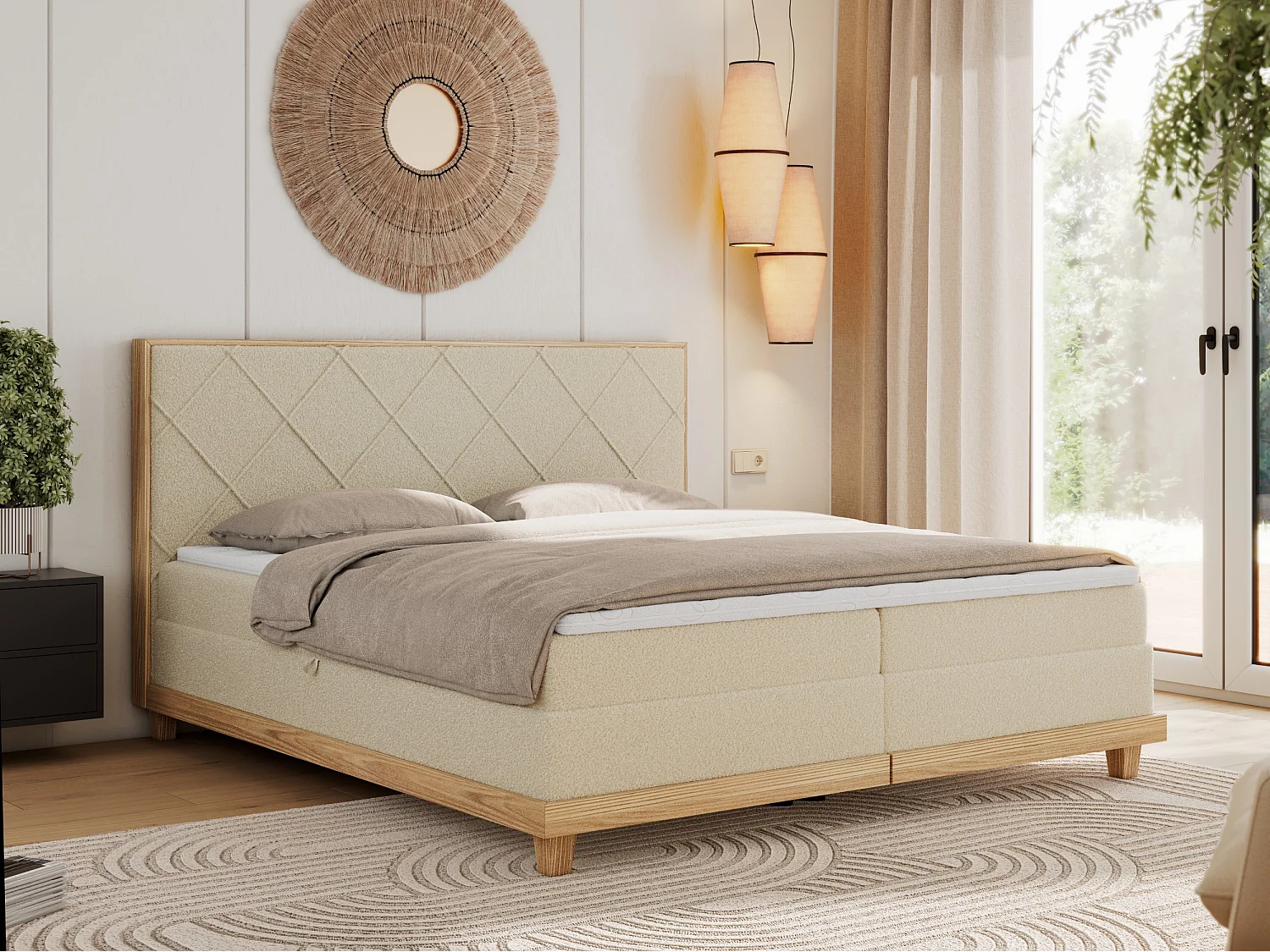 Boxspringbett CAICOS - mit gestepptem Kopfteil, Multipocket-Matratze und Topper, Holzelementen - 180x200 cm - H3 - Beige Boucle