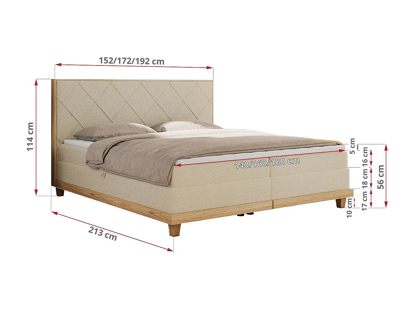 Boxspringbett CAICOS - mit gestepptem Kopfteil, Multipocket-Matratze und Topper, Holzelementen - 180x200 cm - H3 - Beige Boucle