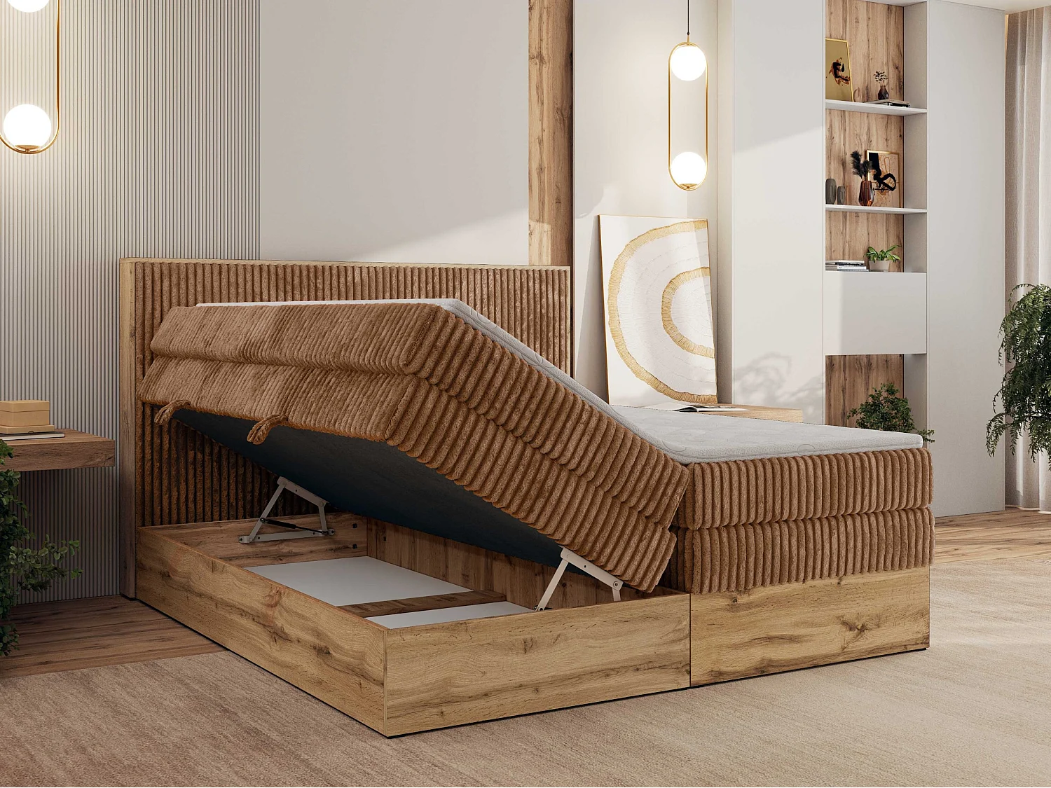 Boxspringbett WOOD CLASSIC KING - Polsterbett mit hohe Kopfteil, zwei Multipocket-Matratze, Bettkästen - 200x200 cm - H3 - Orange Cord