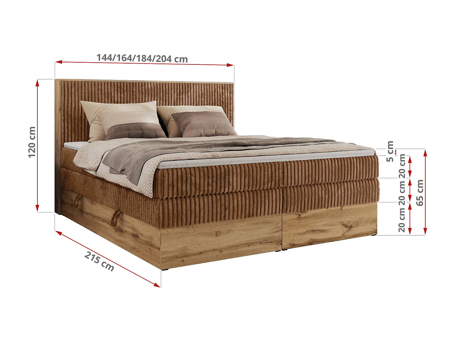 Boxspringbett WOOD CLASSIC KING - Polsterbett mit hohe Kopfteil, zwei Multipocket-Matratze, Bettkästen - 200x200 cm - H3 - Orange Cord