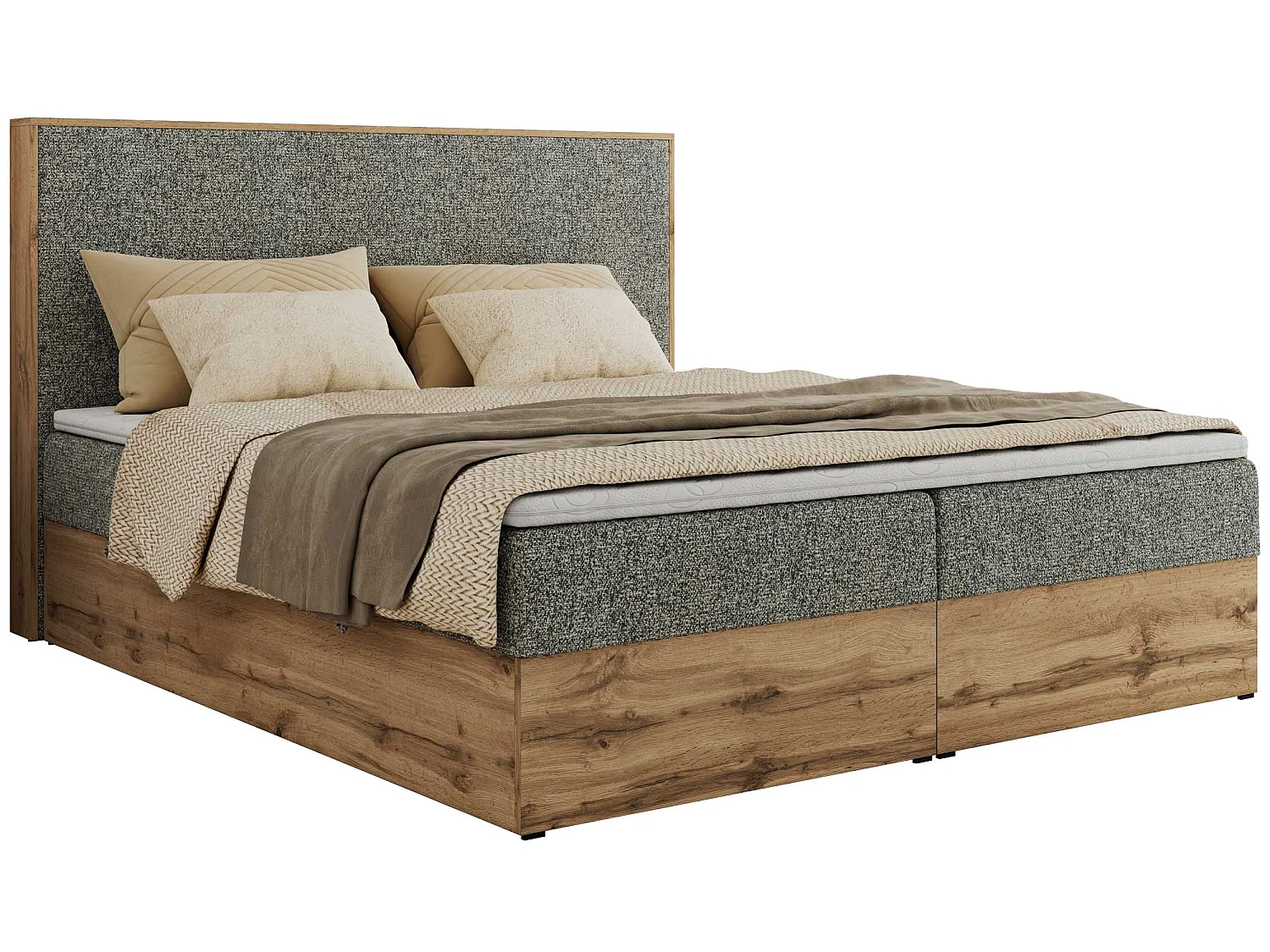 Lit boxspring - Dureté H3 + Topper T25 - Gris Tissu texturé - 200x200 - WOOD CLASSIC