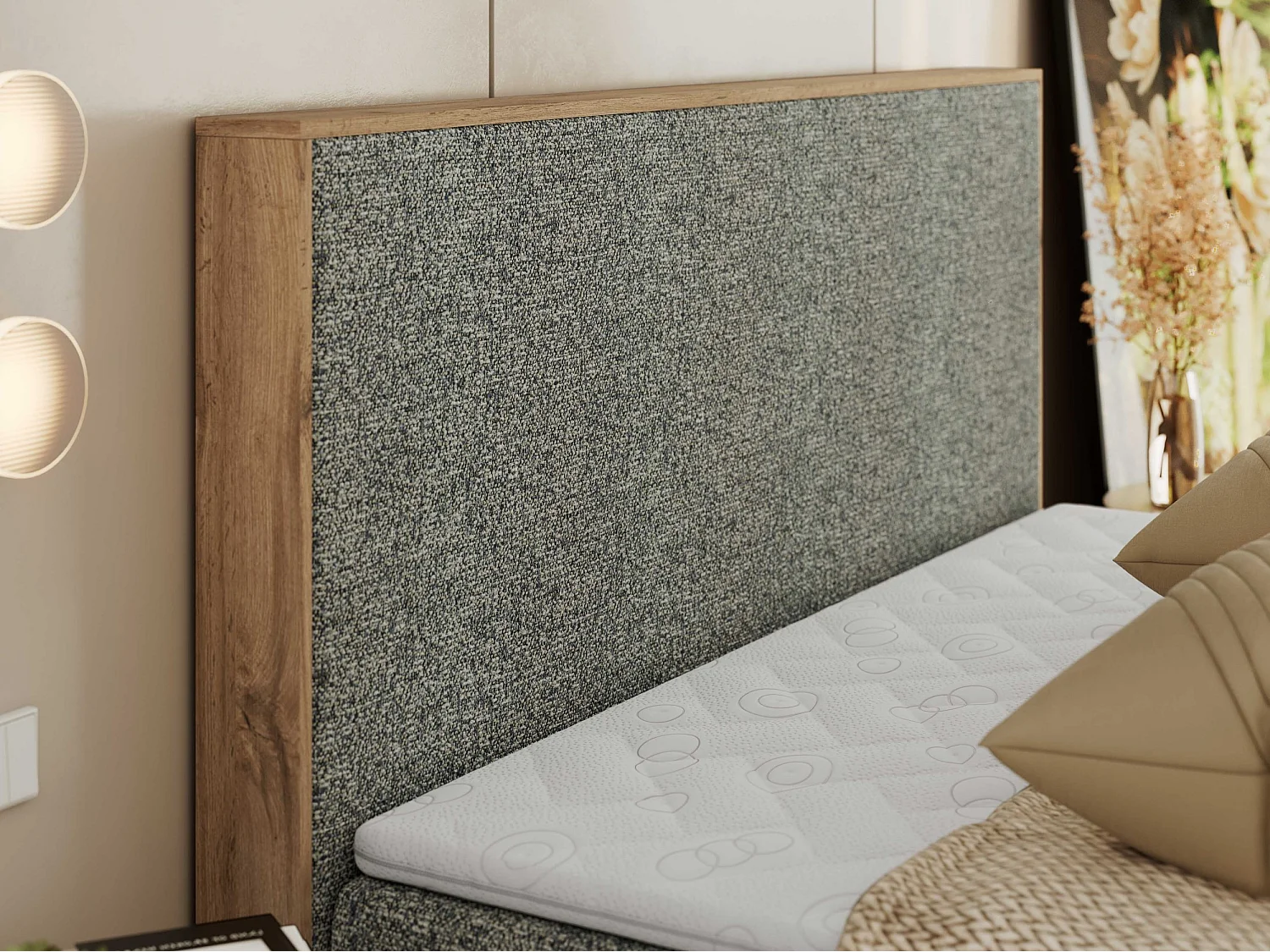 Lit boxspring - Dureté H3 + Topper T25 - Gris Tissu texturé - 200x200 - WOOD CLASSIC