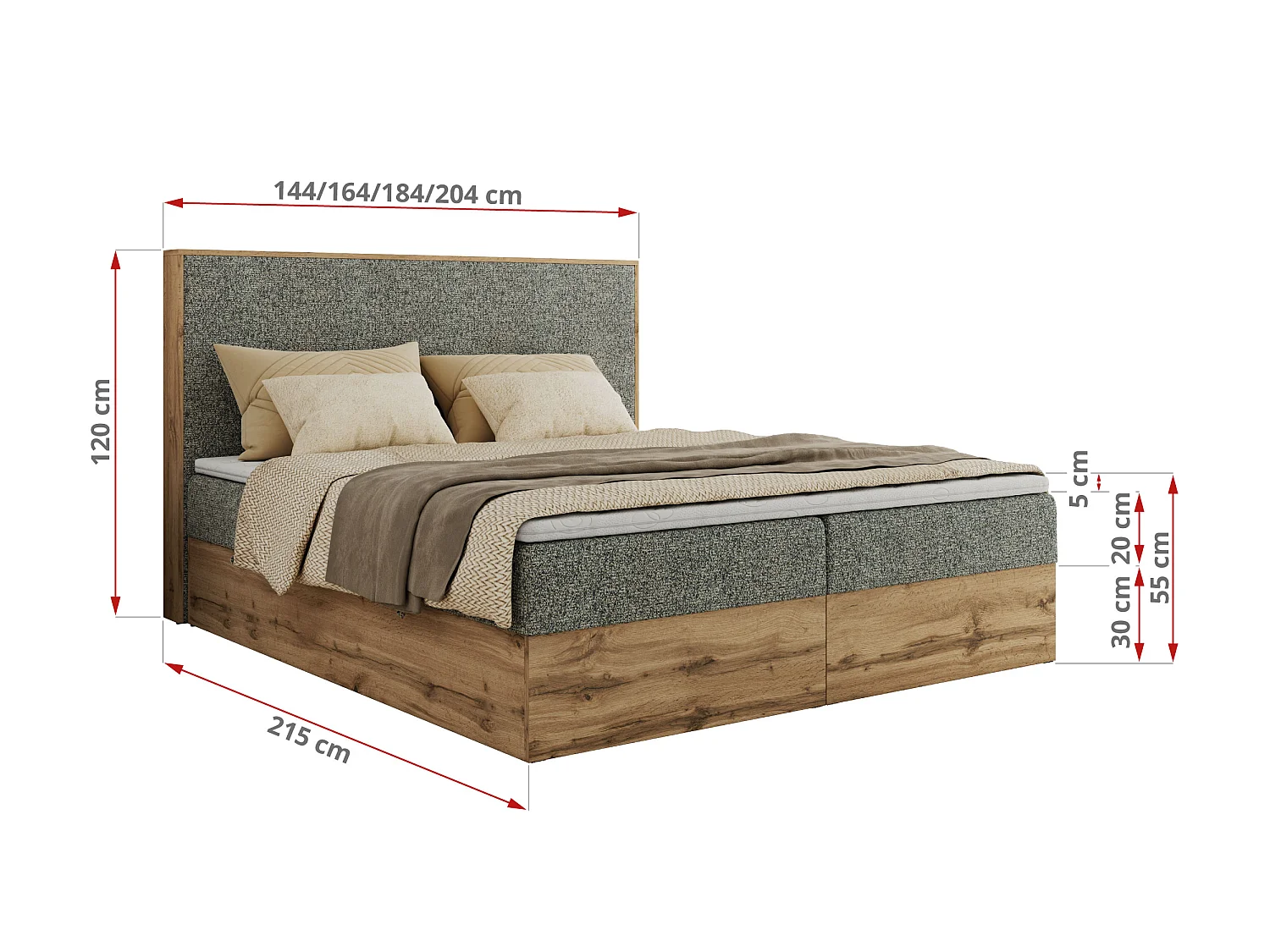 Lit boxspring - Dureté H3 + Topper T25 - Gris Tissu texturé - 200x200 - WOOD CLASSIC