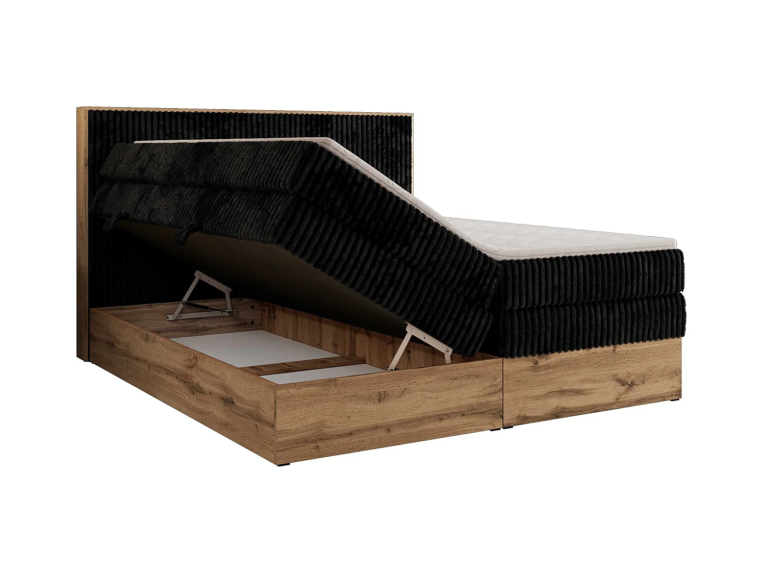 Boxspringbett WOOD CLASSIC KING - Polsterbett mit hohe Kopfteil, zwei Multipocket-Matratze, Bettkästen - 200x200 cm - H4 - Schwarz Cord