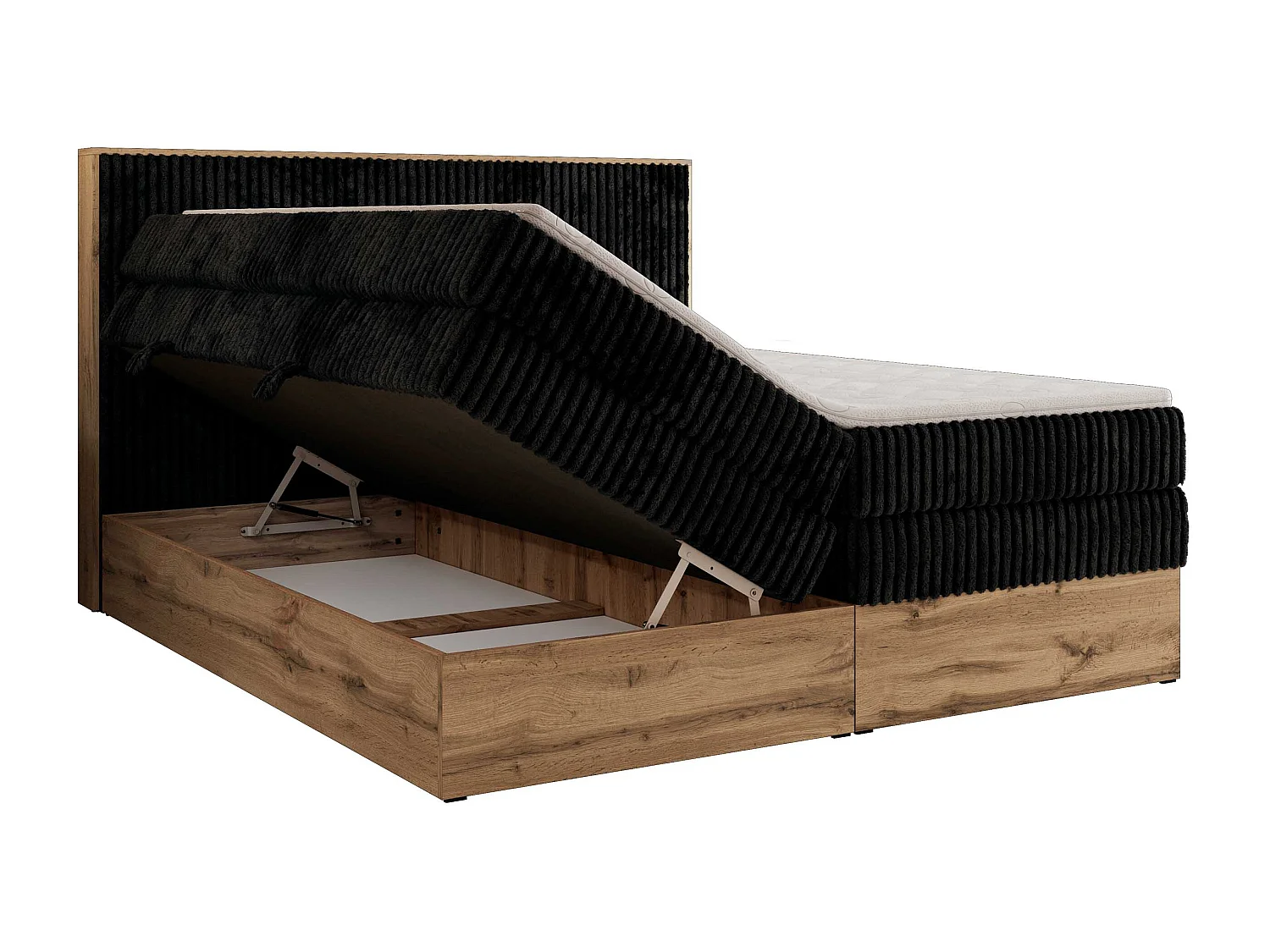 Boxspringbett WOOD CLASSIC KING - Polsterbett mit hohe Kopfteil, zwei Multipocket-Matratze, Bettkästen - 200x200 cm - H4 - Schwarz Cord