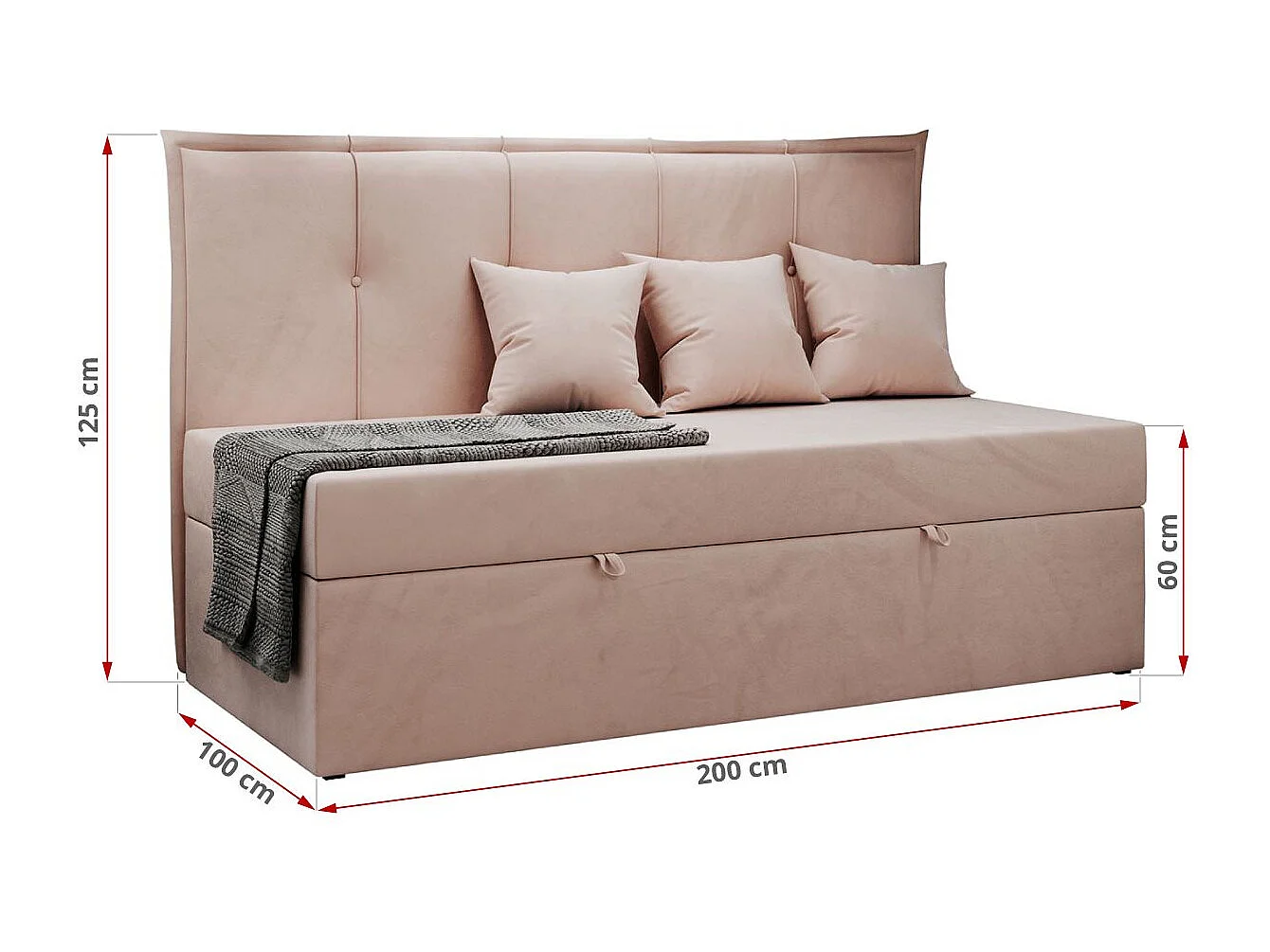 Kinderbett BANCO - Einzelbett für Jugendliche, Set mit Kopfteil und Matratze, Boxspringbett, Bettkasten - 90x200 cm - Rosa Velvet