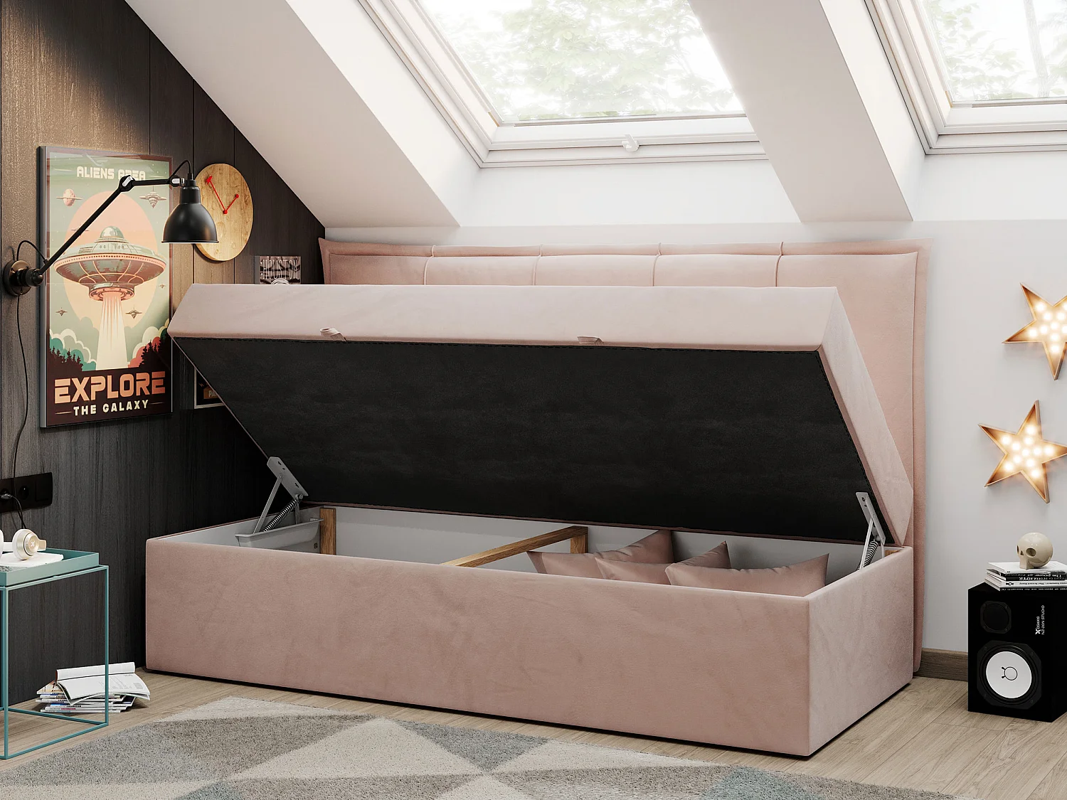 Kinderbett BANCO - Einzelbett für Jugendliche, Set mit Kopfteil und Matratze, Boxspringbett, Bettkasten - 90x200 cm - Rosa Velvet