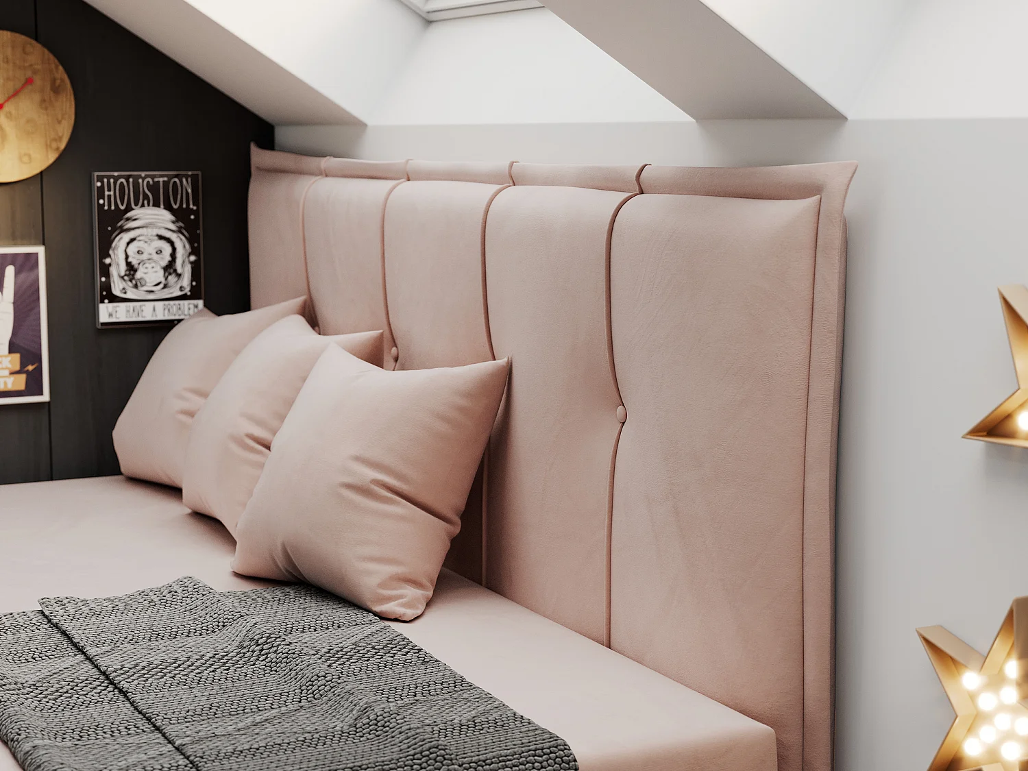 Kinderbett BANCO - Einzelbett für Jugendliche, Set mit Kopfteil und Matratze, Boxspringbett, Bettkasten - 90x200 cm - Rosa Velvet