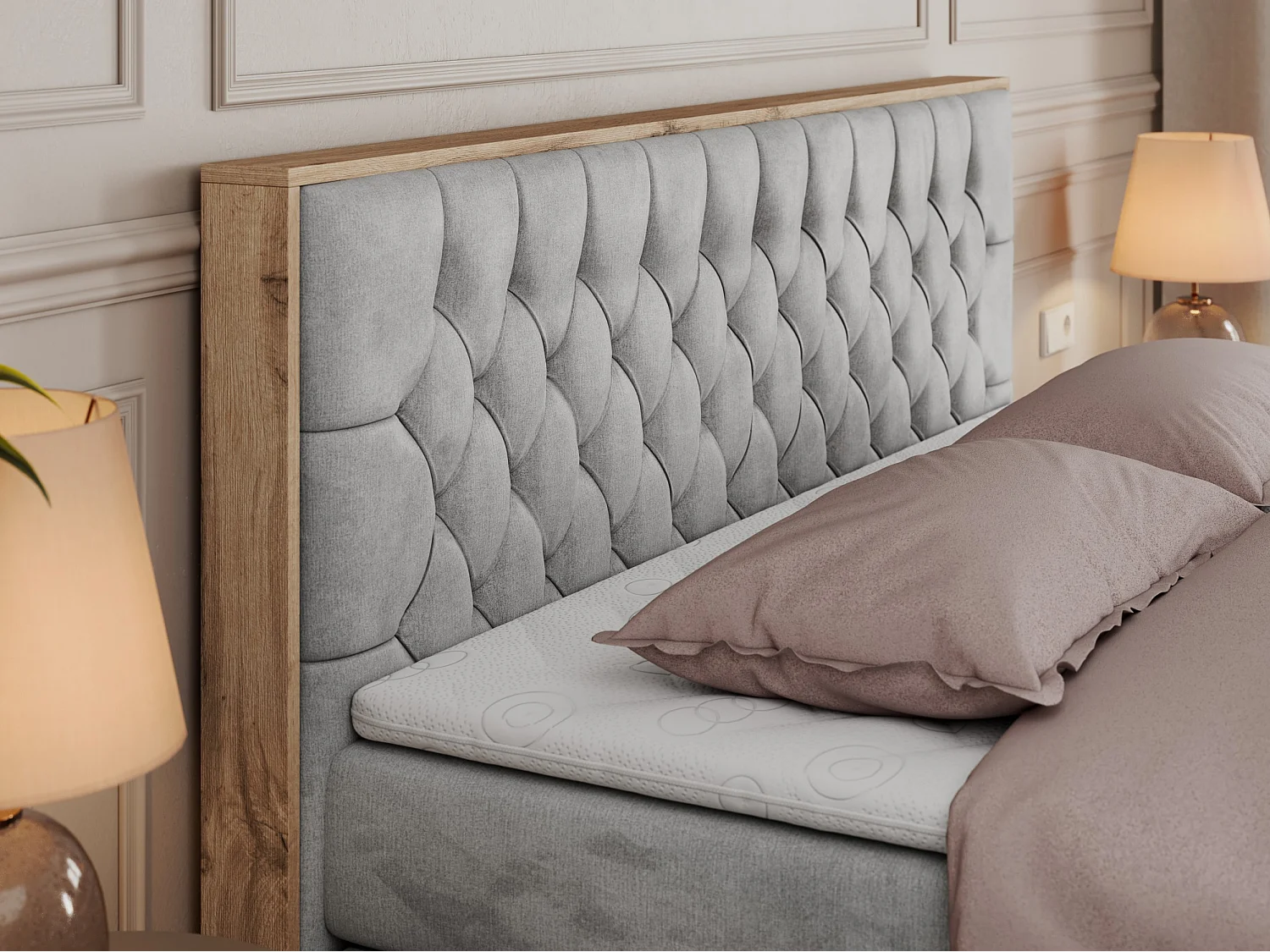 Boxspringbett AMORE KING - gesteppte Kopfstütze, Polsterbett mit zwei Multipocket-Matratzen, Holzrahmen - 160x200 cm - H4 - Hellgrau Velvet
