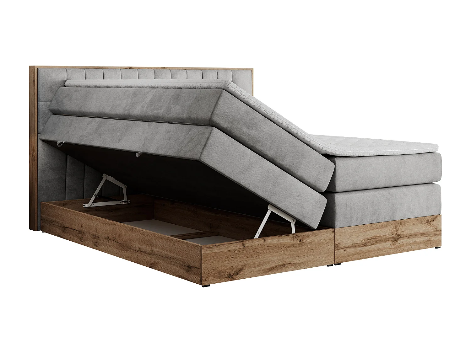 Boxspringbett AMORE KING - gesteppte Kopfstütze, Polsterbett mit zwei Multipocket-Matratzen, Holzrahmen - 160x200 cm - H4 - Hellgrau Velvet