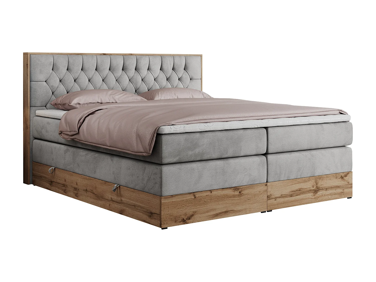 Boxspringbett AMORE KING - gesteppte Kopfstütze, Polsterbett mit zwei Multipocket-Matratzen, Holzrahmen - 160x200 cm - H4 - Hellgrau Velvet