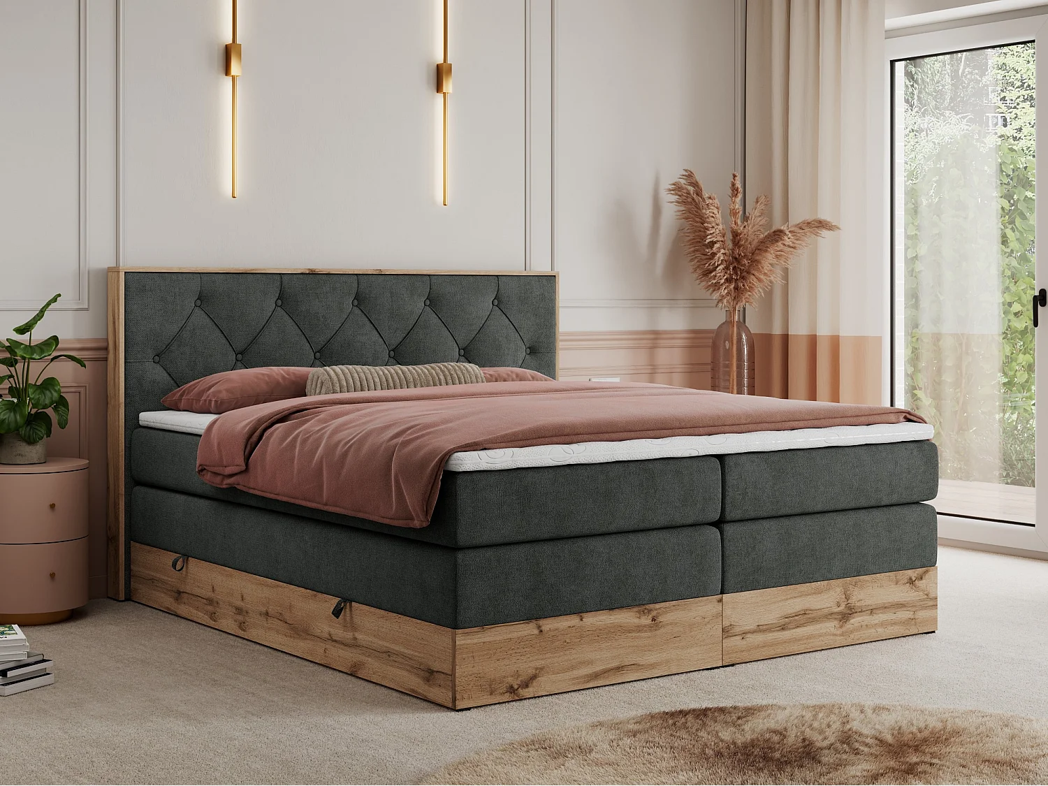 Boxspringbett VENETO KING - Polsterbett mit Multipocket-Matratzen und Kopfteil, Holzrahmen, zwei Bettkästen - 180x200 cm - H4 - Dunkelgrau Strukture