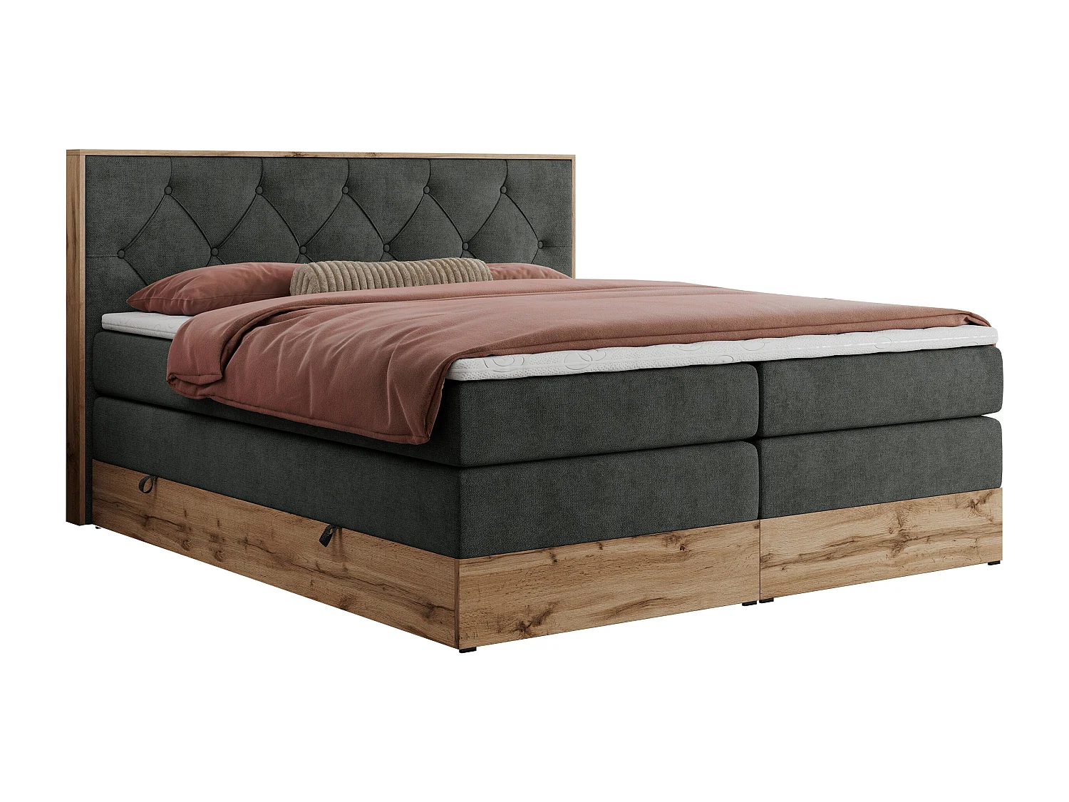 Boxspringbett VENETO KING - Polsterbett mit Multipocket-Matratzen und Kopfteil, Holzrahmen, zwei Bettkästen - 200x200 cm - H3 - Dunkelgrau Strukture