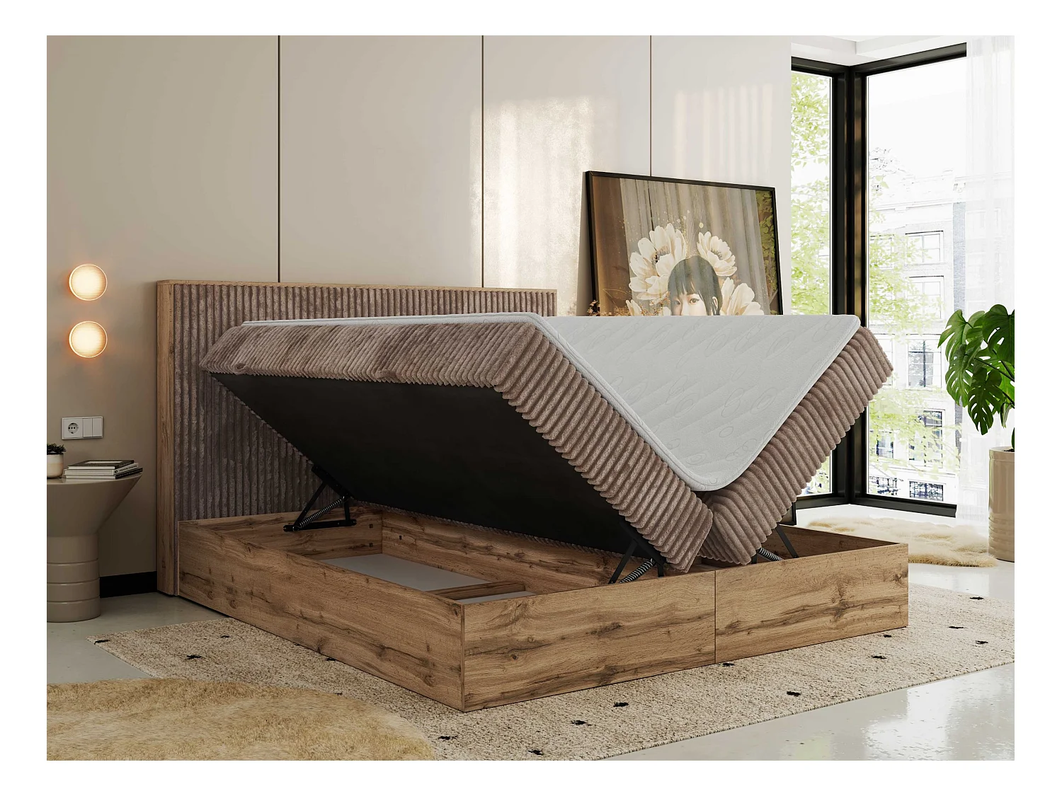 Boxspringbett WOOD CLASSIC - Doppelbett für Schlafzimmer, Set mit Multipocket-Matratze, Holzrahmen - 140x200 cm - H4 - Braun Cord