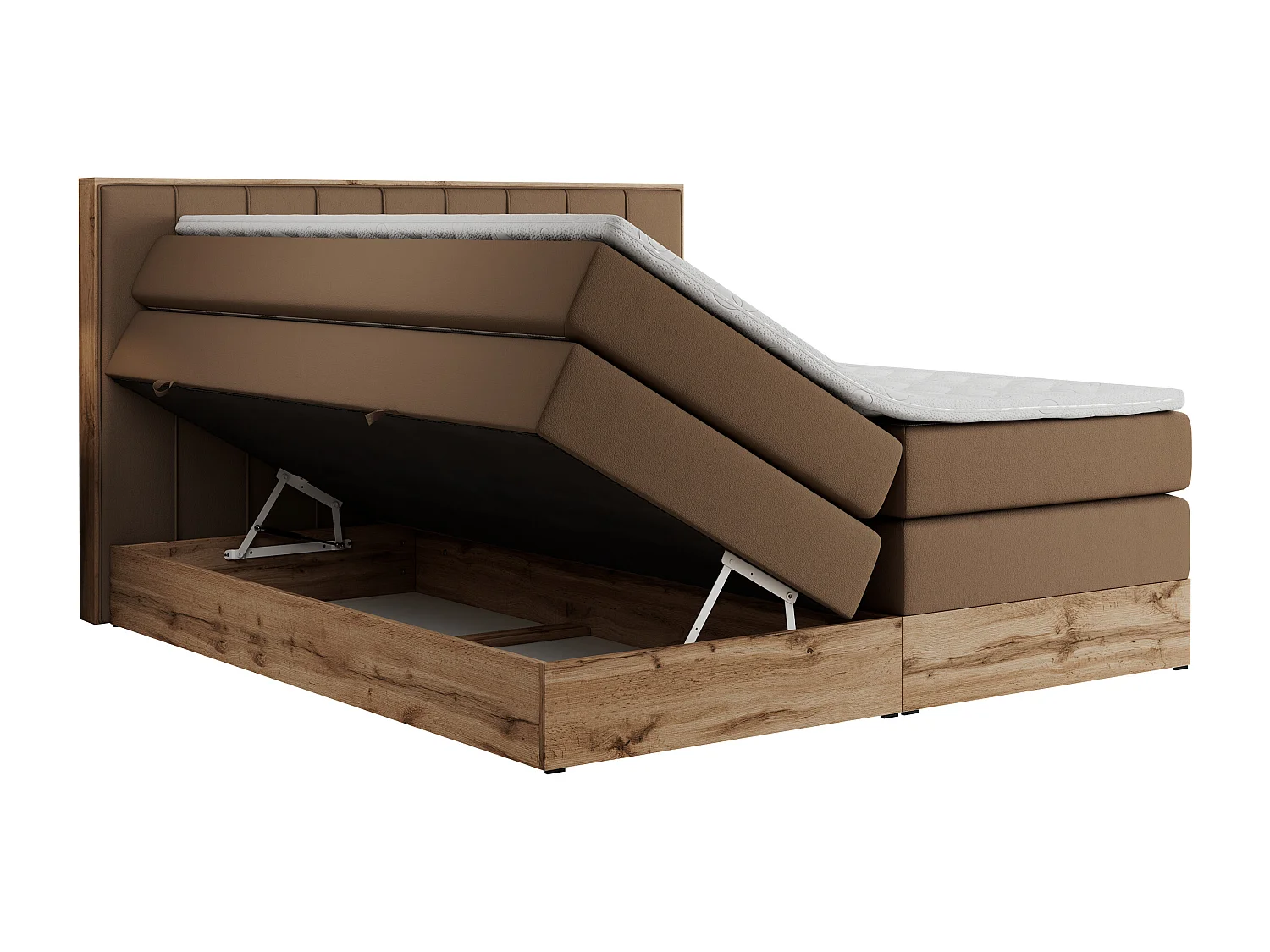 Boxspringbett BELLISSIMO KING - für Schlafzimmer, zwei Multipocket-Matratzen, Set mit Kopfteil und Topper, Holzrahmen - 200x200 cm - H3 - Braun Kunstleder