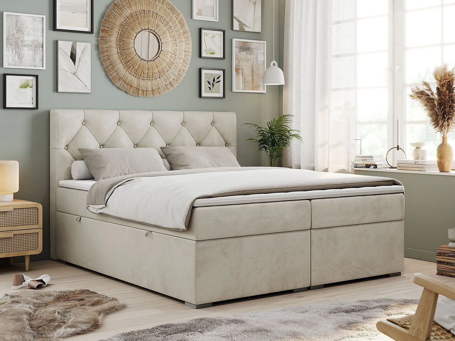 Boxspringbett ALDA - Doppelbett mit gestepptem Kopfteil, Multipocket-Matratze und Topper, zwei Bettkästen - 140x200 cm - H3 - Beige Velvet