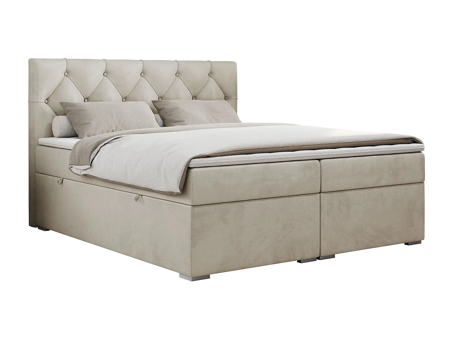 Boxspringbett ALDA - Doppelbett mit gestepptem Kopfteil, Multipocket-Matratze und Topper, zwei Bettkästen - 140x200 cm - H3 - Beige Velvet