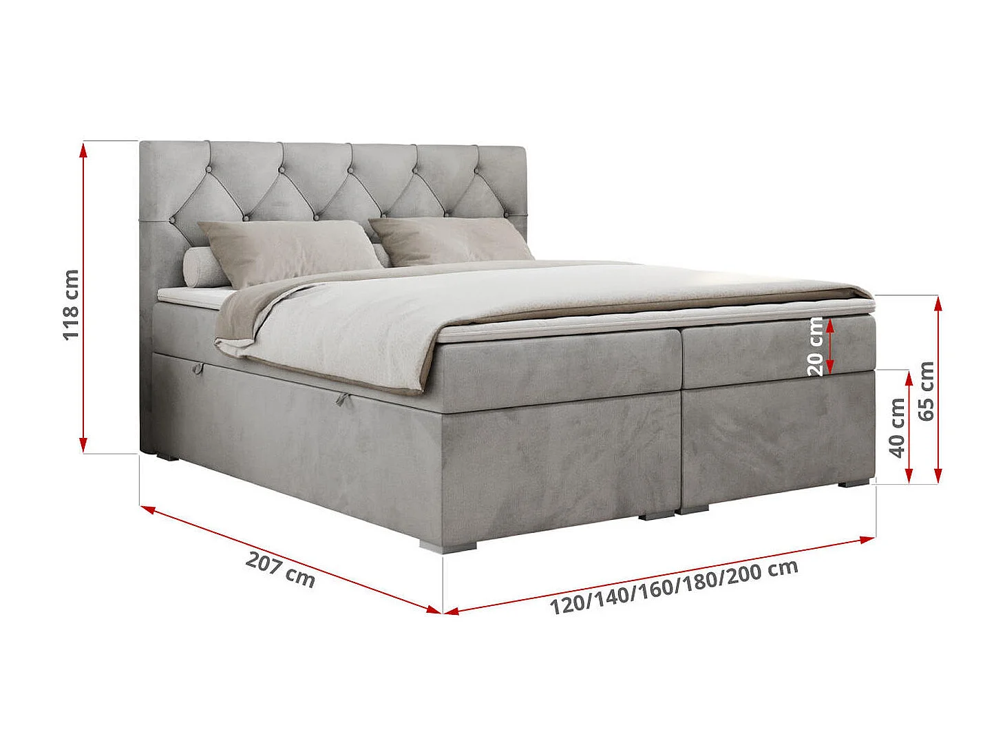 Boxspringbett ALDA - Doppelbett mit gestepptem Kopfteil, Multipocket-Matratze und Topper, zwei Bettkästen - 140x200 cm - H3 - Hellgrau Velvet