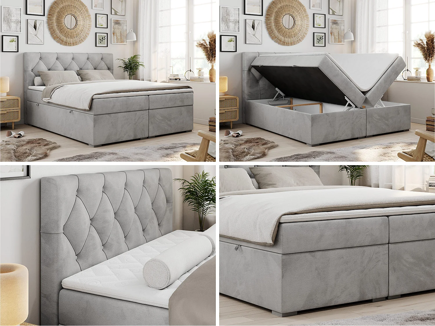 Boxspringbed met hoofdbord H3 + Topper T25 - Lichtgrijs Fluweel - 140x200 - ROMA
