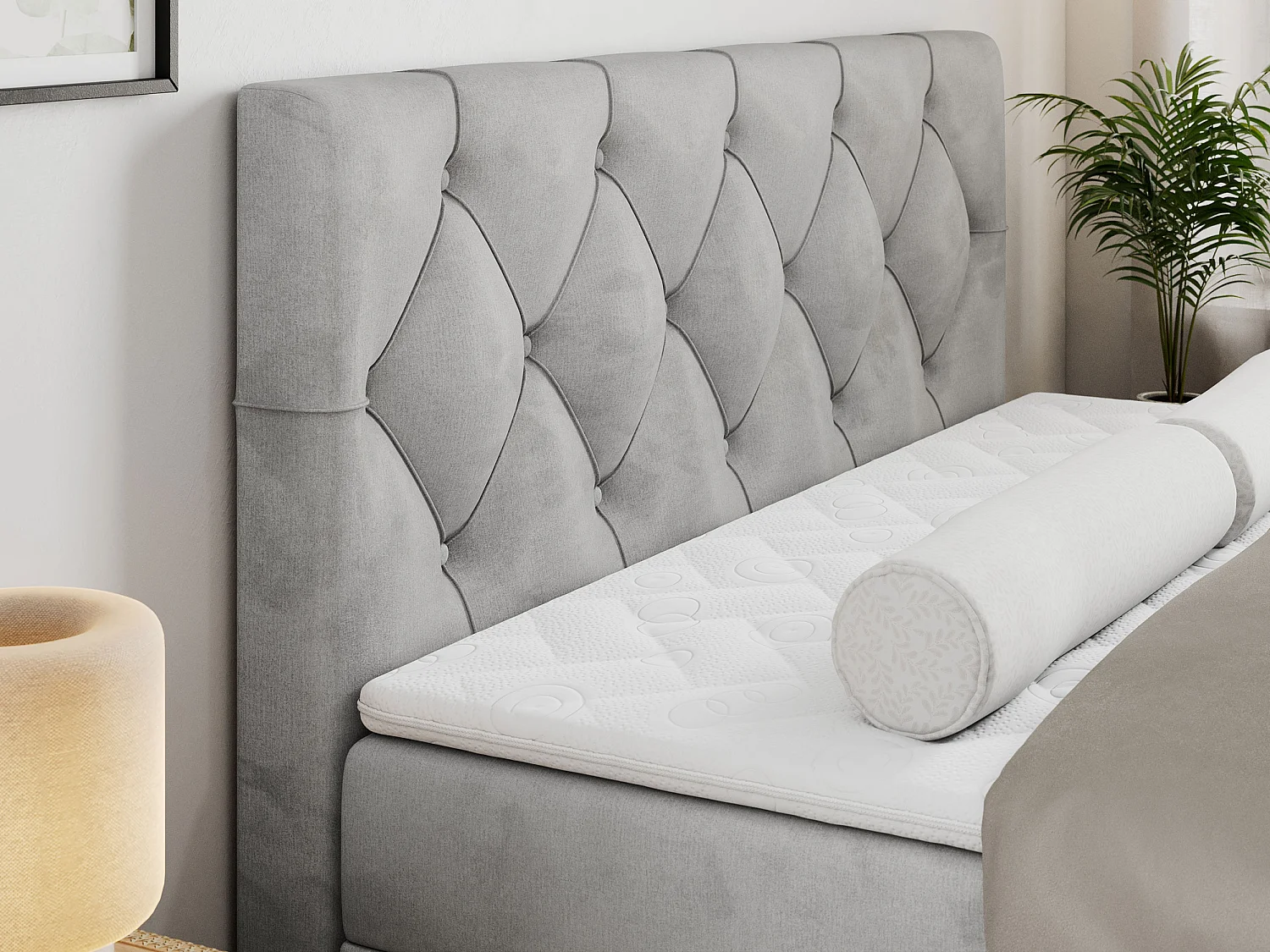 Boxspringbed met hoofdbord H3 + Topper T25 - Lichtgrijs Fluweel - 140x200 - ROMA