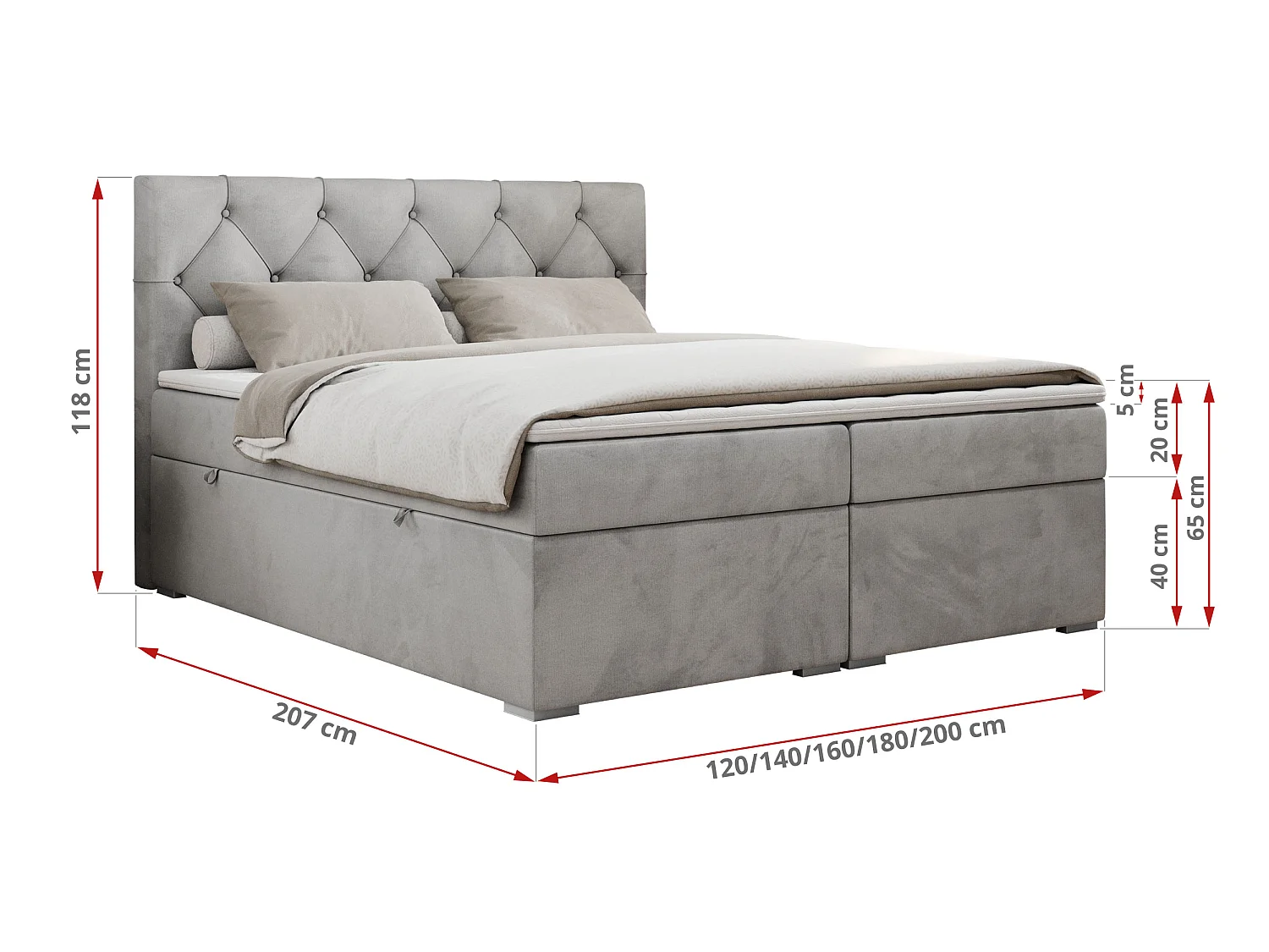 Boxspringbed met hoofdbord H3 + Topper T25 - Lichtgrijs Fluweel - 140x200 - ROMA