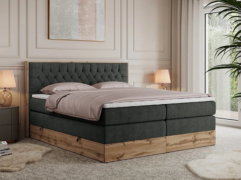 Boxspringbett AMORE KING - gesteppte Kopfstütze, Polsterbett mit zwei Multipocket-Matratzen, Holzrahmen - 160x200 cm - H4 - Dunkelgrau Strukture