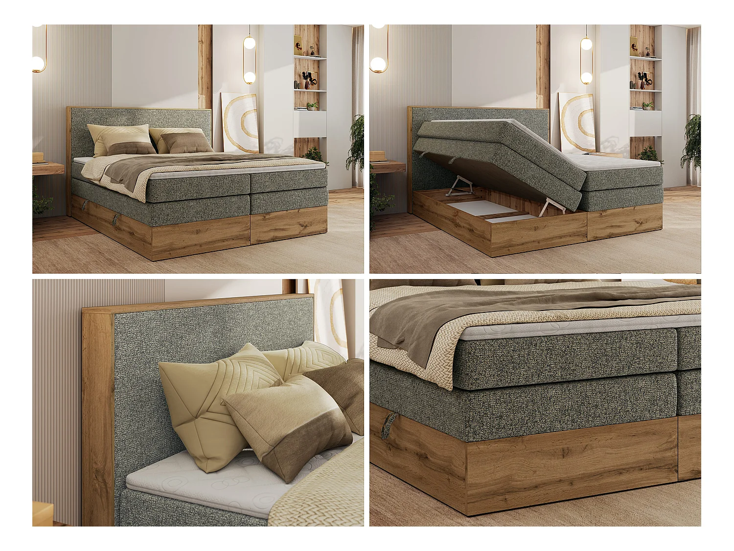 Boxspringbett WOOD CLASSIC KING - Polsterbett mit hohe Kopfteil, zwei Multipocket-Matratze, Bettkästen - 140x200 cm - H3 - Grau Strukture