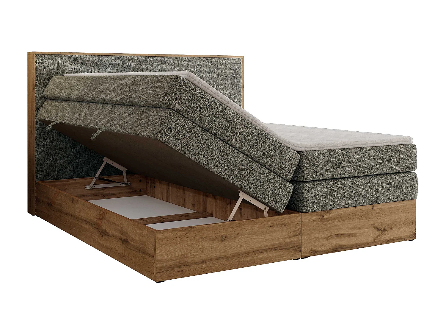 Boxspringbett WOOD CLASSIC KING - Polsterbett mit hohe Kopfteil, zwei Multipocket-Matratze, Bettkästen - 140x200 cm - H3 - Grau Strukture