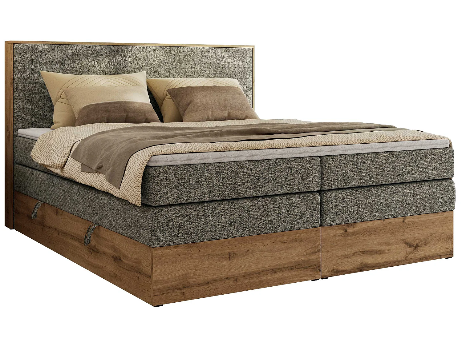 Lit boxspring - Dureté H3 + Topper T25 - Gris Tissu texturé - 140x200 - WOOD CLASSIC KING