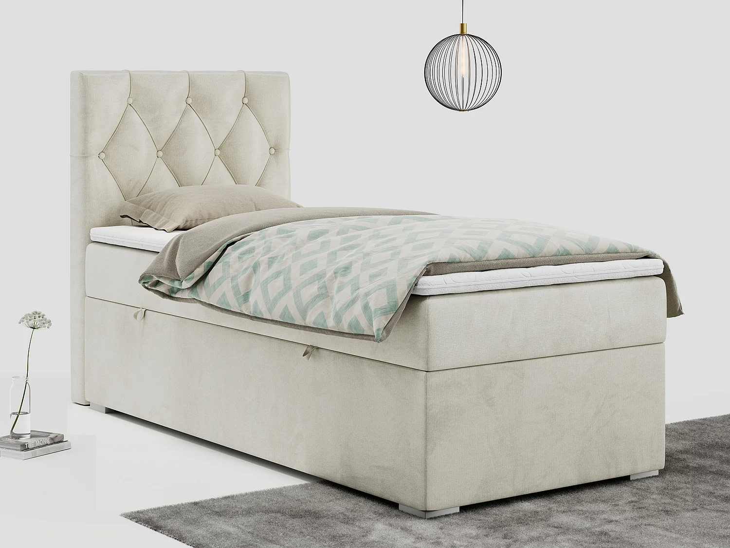 Boxspringbett ALDA - Einzelbett mit gestepptem Kopfteil, Multipocket-Matratze und Topper, Bettkasten - 90x200 cm - H4 - Beige Velvet - Links Seite