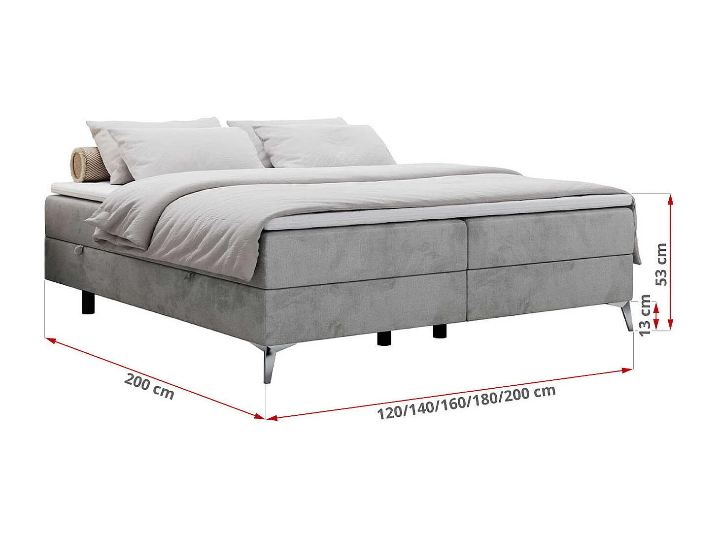 Boxspringbett LESS - Doppelbett mit zwei Bettkästen, 7 Härtezonen Multipocket-Matratzen, hohe Metallbeine - 180x200 cm - H3 - Hellgrau Velvet