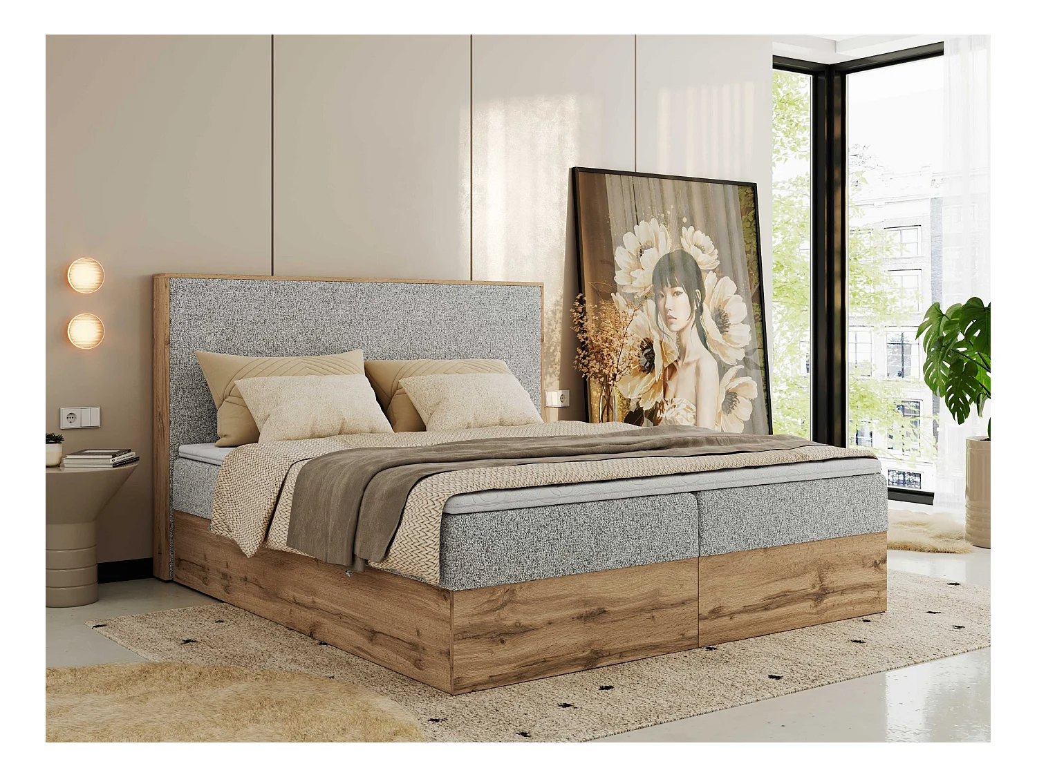 Boxspringbett WOOD CLASSIC - Doppelbett für Schlafzimmer, Set mit Multipocket-Matratze, Holzrahmen - 180x200 cm - H4 - Hellgrau Strukture